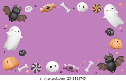 3d Halloween elements frame. Banner template with copy space. Cute bat, ghost with smile, pumpkin with kawaii face, bone, skull, candy and dots on violet background. Vector holiday illustration.