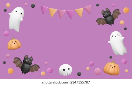 3d Halloween frame. Banner template with copy space. Border with cute bat, ghost with smile, pumpkin with kawaii face, skull, flags and confetti on purple background. Vector festive illustration.