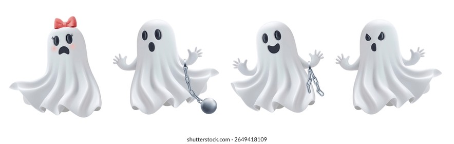 Vetor de emoji fantasma 3D Halloween, personagem fantasma encadeado bonito em pano de folha de prisão. Engraçado mascote de menina assustadora com arco rosa, poster promocional feminino assustador, belo conjunto PNG renderização realista