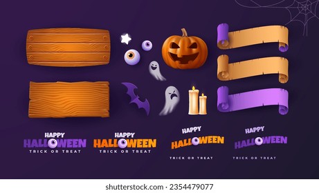 3 d Elementos gráficos de Halloween - calabazas, fantasmas, tablas de madera, ojos y más. Conjunto de imágenes realistas. Ilustración vectorial.