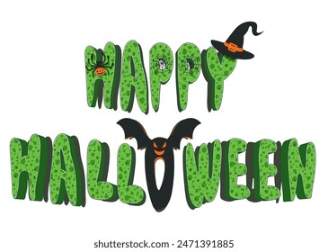 3d Halloween horizontal banner. Isolated Hand written calligraphy with spider web and bats for greeting cards, posters, banners, flyers and invitations. Happy Halloween text with spider , bat for