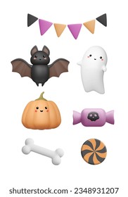 3d halloween icon set. Cute ghost, bat with kawaii face, funny pumpkin, bone, candy with skull, party bunting. Characters and elements in plastic style. Vector illustration. Monster and sweets render.