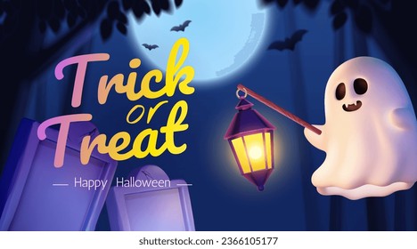 3D Halloween illustration. Adorable ghost holding lantern floating at graveyard in gloomy night with full moon and bat in the sky.