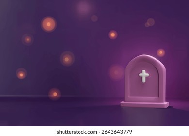 3D Halloween illustration with a glowing purple gravestone and spooky floating lights. Grave is for seasonal banners, invitations, or eerie background decoration. Mystery decoration of tombstone
