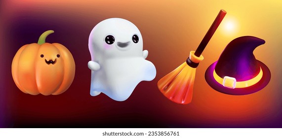 3d Halloween illustration - pumpkin, cute ghost, broom and witch hat isolated from the background. Vector illustration.