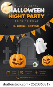 3D Halloween night party invitation poster with pumpkin, cute ghost on dark background for spooky party greeting card, banner, flyer, advertising, web, social media. October 31. Trick or Treat.