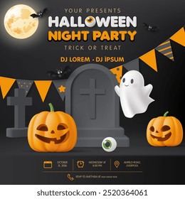 3D Halloween night party invitation poster with pumpkin, cute ghost on dark background for spooky party greeting card, banner, flyer, advertising, web, social media. October 31. Trick or Treat.