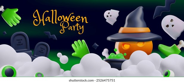 3D Halloween party background with fog and gravestones. Vector with pumpkins, witch hats, ghosts, cauldrons, and spooky hands for a festive celebration. Ideal for a banner or flyer.