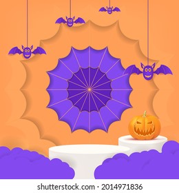 3d halloween party design with pumpkin, cloud, bat.