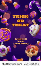 3D Halloween party poster with candies, spooky cupcakes, lollipops, candy canes, jelly worms, eyeballs, and skull lollipops. For party invitations, greeting cards, posters, celebration promotions.