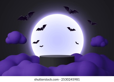 Podio de Halloween 3d con murciélagos voladores y luna de medianoche. Noche de Vector de fondo misterioso con una escena redonda oscura rodeada de murciélagos voladores y nubes púrpuras contra una luna llena brillante