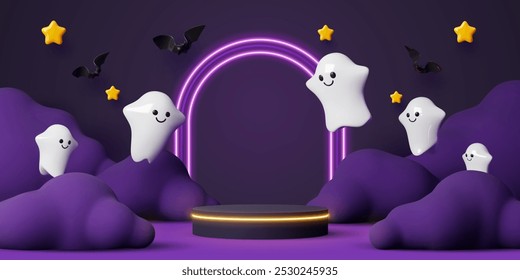 Pódio de Halloween 3d com fantasmas voadores e morcegos. Cena de férias vetorial com um pedestal cercado por spooks amigáveis, nuvens roxas e morcegos no fundo escuro com estrelas brilhantes e arco de luz neon