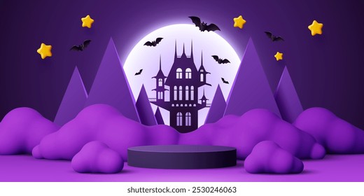 3d etapa de podio de Halloween con el castillo de Drácula y las montañas, murciélagos volando contra un telón de fondo de luna llena, nubes púrpuras y estrellas centelleando. Vector espeluznante plataforma para celebraciones y eventos de Halloween