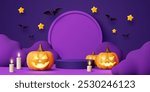 3d Halloween podium stage with pumpkins, candles and flying bats. Festive eerie and spooky scene featuring round platform surrounded by glowing jack lanterns and candlelight on dark purple background