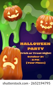 3D Halloween poster with carved pumpkins, slime drips, night party atmosphere. For invitations, banners, festive social media posts. Bright colors, playful mood, and space for event details.