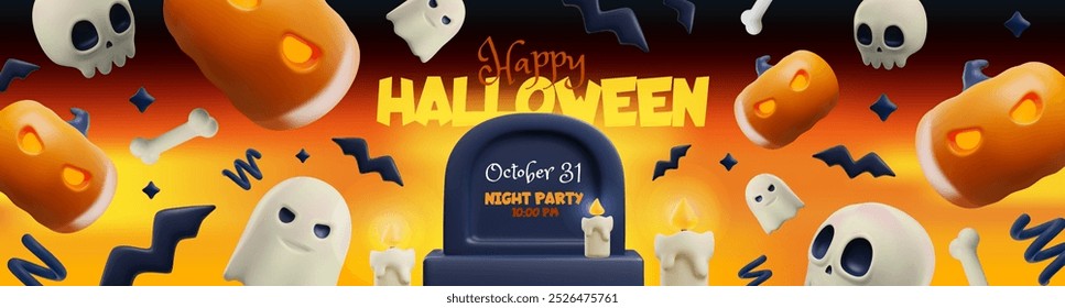 Design de cartaz de Halloween 3D para convites de festa. Abóboras vetoriais, fantasmas e crânios com fundo escuro e assombrado para decoração festiva. Ideal para as celebrações de outubro.