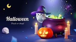 3d Halloween Poster. 3d Illustrated Cute Cat Ghost In Witch Hat Flying Around A Pot In Dark Night Setting With Jack O Lantern, Candles, And Confetti Decorations.