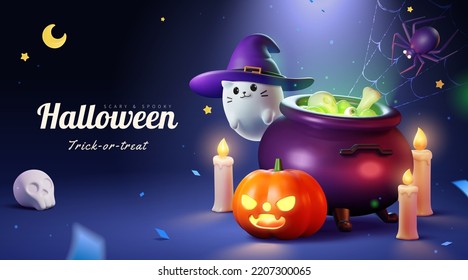3d halloween poster. 3d illustrated cute cat ghost in witch hat flying around a pot in dark night setting with jack o lantern, candles, and confetti decorations.