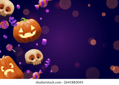 3d Halloween pumpkin, candy, skeleton banner.. Three-dimensional vector illustration design for spooky party invitation. Autumn evil night concept poster. Happy scary Jack o lantern character card.