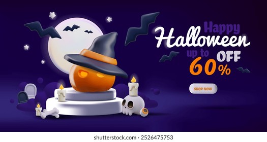 3D Halloween pumpkin decoration for sale banner. Spooky atmosphere with bats and candles. Perfect for autumn events and celebrations under the moon.