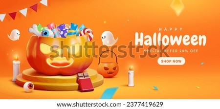 3D Halloween pumpkin filled with candies on podium surrounded by cute ghosts on orange background.