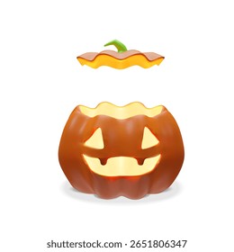 Abóbora de Halloween 3D com uma tampa removível e rosto brilhante de Jack-o-lanterna. Diversão e design festivo perfeito para convites de festa, gráficos truque-ou-trato, decorações assustadoras, anúncios sazonais.