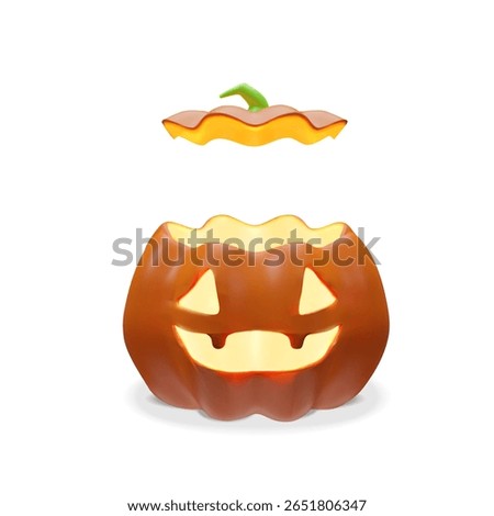 3D Halloween pumpkin with a removable lid and glowing Jack-o-lantern face. Fun and festive design perfect for party invitations, trick-or-treat graphics, spooky decorations, seasonal advertisements.