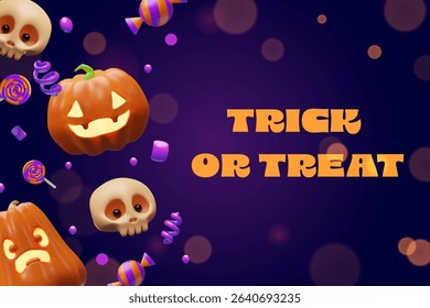 3d Halloween pumpkin, skeleton, candy banner. Three-dimensional vector illustration design for spooky party invitation. Autumn evil night concept poster. Happy scary Jack o lantern character card.