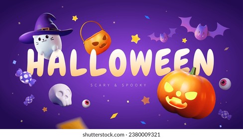 3D Halloween-Kürbis, Hexenkatze, Bonbons, Fledermäuse, Sterne, Augenbälle und Schädel auf violettem Hintergrund