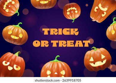 3d Halloween pumpkins banner. Three-dimensional vector illustration design for spooky party invitation. Autumn evil night concept poster. Happy scarey Jack o lantern character card. Glowing background