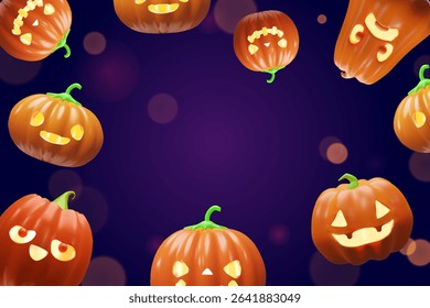 3d Halloween pumpkins border banner. Three-dimensional vector illustration design for spooky party invitation. Autumn evil night concept poster. Happy scarey Jack o lantern character card.