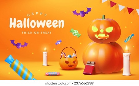 3D Halloween pumpkins, candies, candles, bunting and bats on orange background.