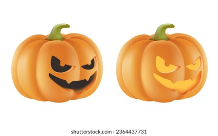 3D halloween pumpkins, funny faces. Autumn holidays. 3D Vector illustration EPS10. 3D realistic funny smiling pumpkin with a cheerful face, Helloween