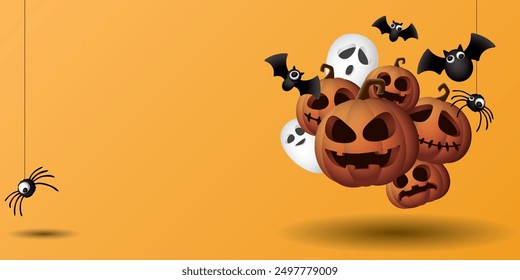 3D Halloween pumpkins, ghost, bats and spider on orange rectangle background graphic illustration have blank space.