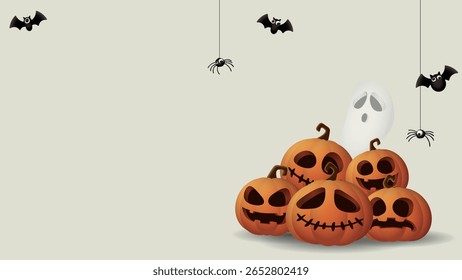 3D Halloween pumpkins, ghost, bats and spider on horizontal gray background graphic illustration have blank space.