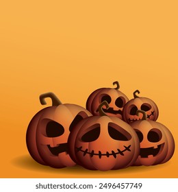 3D Halloween pumpkins on orange background graphic illustration have blank space.