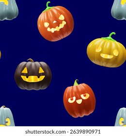 3d Halloween pumpkins pattern. Glowing scary decoration for October holiday. Three-dimensional vector illustration spooky face light. Autumn Jack o lantern carved cute vegetable for evil celebration