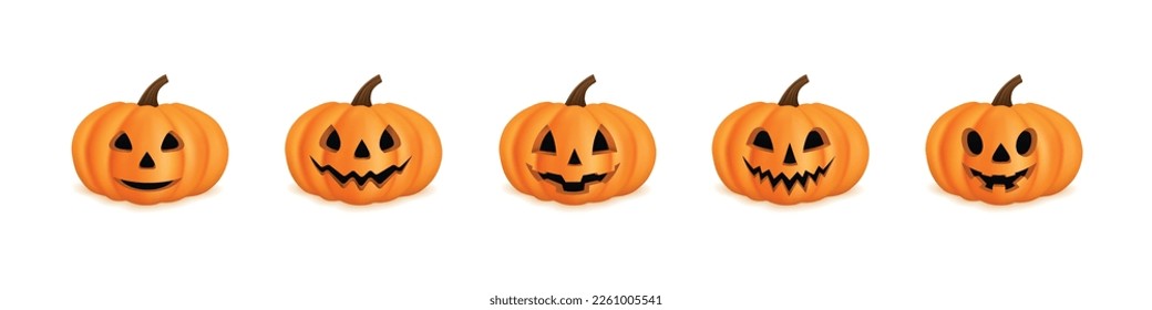 3d halloween pumpkins set, funny emoji elements. Happy object render, horror orange face character patch, spooky emotions. Scary decor vegetables. Vector realistic neoteric illustration