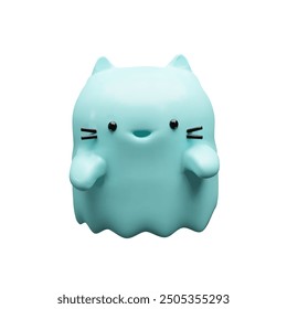 3d Halloween render cat ghost. Spook kawaii funny plastic character for October party holidays. Vector illustration in children cartoon style. Realistic three-dimensional flying monster. Boo symbol