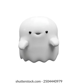 3d Halloween render ghost. Spook funny plastic character for October party holidays. Vector illustration in children cartoon style. Realistic three-dimensional flying monster. Trendy boo symbol night