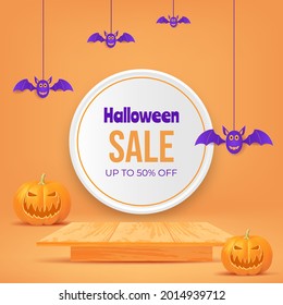 3d halloween sale design with pumpkin, wooden table. halloween party concept for promotion.