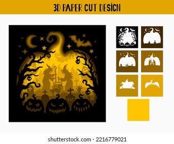 3D Halloween shadow box with witches, bats, ghosts. Holiday tunnel card. Vector multilayer template for paper cutting. Light box. Isolated on white background.