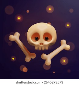 3d Halloween skull and bones banner. Three-dimensional vector illustration design for spooky party invitation. Autumn evil night concept poster. Happy scary Skeleton character on glowing card.