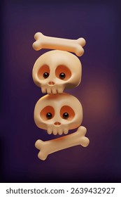 3d Halloween skulls and bones banner. Three-dimensional vector illustration design for spooky party invitation. Autumn evil night concept poster. Happy scary Skeleton character on glowing card.