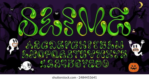 Fuente 3D Halloween slime con letras y números de goteo ondulados verdes. Alfabeto fluido curvo brillante para diseños fantasmagóricos, de horror y aterradores de Halloween. Tipo de Vector retro de moda para temas modernos