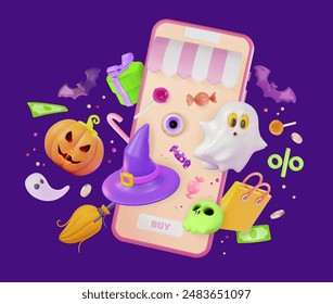 3d Halloween Venta Especial Concepto Fondo Diseño de dibujos animados Estilo. Ilustración vectorial de smartphone con Elementos de fiesta de celebración flotando alrededor