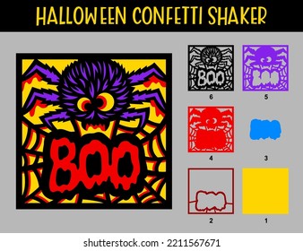 3D Halloween Spinne mit Web-Konfetti-Shaker. Boo-Satz. Vektorkarte mit mehreren Ebenen. Vorlage für das Schneiden von Papier. Im Inneren können Sie glitter und sequins einschlafen.