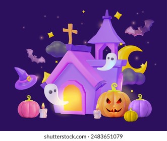 3d Halloween Spooky Party Concept Background Cartoon Design Style. Vector illustration of Scary House with Ghosts