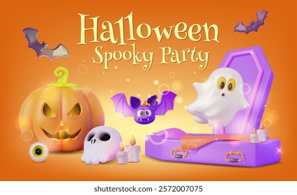 3d Halloween Spooky Party Concept Banner Poster Card Template . Vector illustration of Fly Ghost, Pumpkin and Coffin