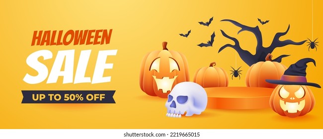 3d Halloween Super Sale Promotion Discount Banner Template with 3d podium for product sale